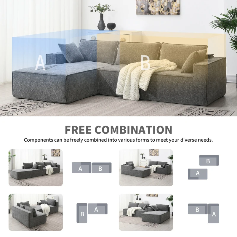 Minimalist Modular Sectional Sofa, Wrinkle-Resistant Chenille, L-Shaped Sleeper, No Assembly Required, 111.5" L x 72" W x 32" H, Gray