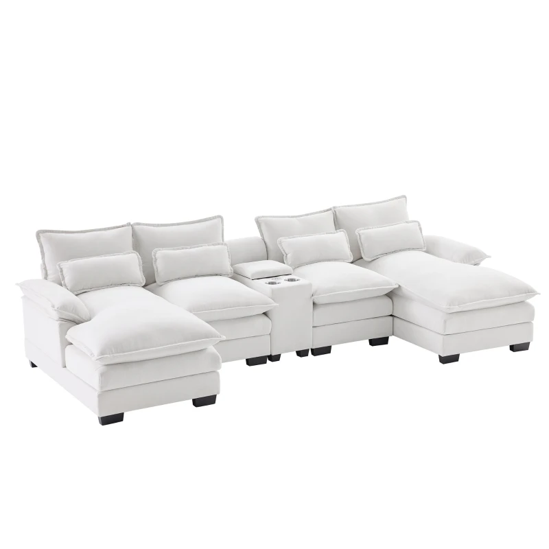 123" Modern U-Shaped 6-Seat Upholstered Sleeper Sofa Set with Console, Cupholders, USB Ports, and Chaise, 123″ L x 55″ W x 33″ H, White