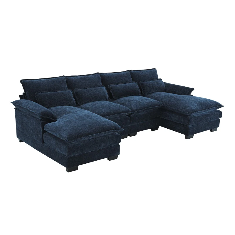 Modern U-Shaped 6-Seat Sectional Sofa with Chaise Lounge, Upholstered Sleeper Couch with Waist Pillows, 110″ L x 55″ W x 33″ H, Blue