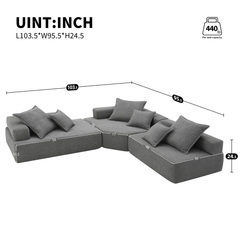 Oversized Modular L Shaped Sectional Sofa with 3-Piece Free Combination, Convertible Couch for Living Room, 103.5" L x 95.5" W x 24.5" H, Gray
