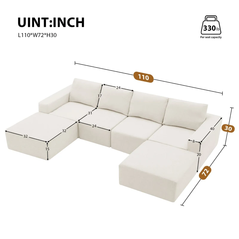 110" x 72" Luxury Chenille Upholstered Sleeper Sofa Bed, U-Shaped, Foam-Filled, No Assembly Required, 110″ L x 72″ W x 30″ H, Beige