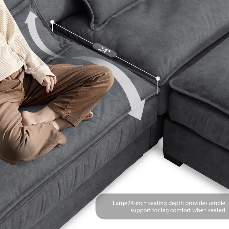 Oversized Luxury Sectional Sofa with Bentwood Armrests, Double Cushions, Ottoman, 4-Seat, L Shape Couch for Living Room, Dark Grey