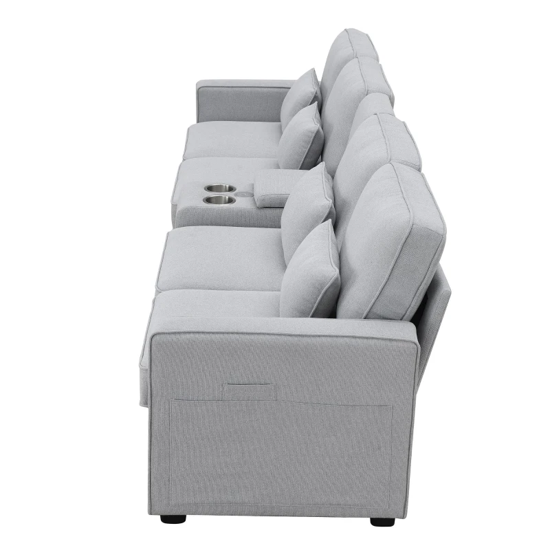 114.5" Modern Linen Fabric Upholstered Sofa with Console, 2 Cupholders, USB Ports, 4 Pillows, 4-Seat, 114.5″ L x 33″ W x 35″ H, Light Gray