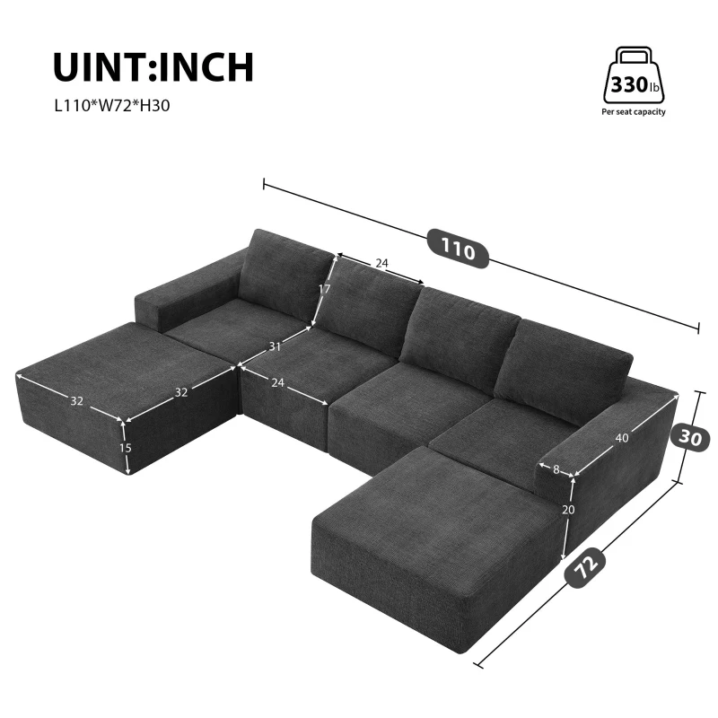 110" x 72" Luxury Chenille Upholstered Floor Couch Set with Foam-Filled, U Shaped Sofa for Living Room, Free Combination, Dark Gray
