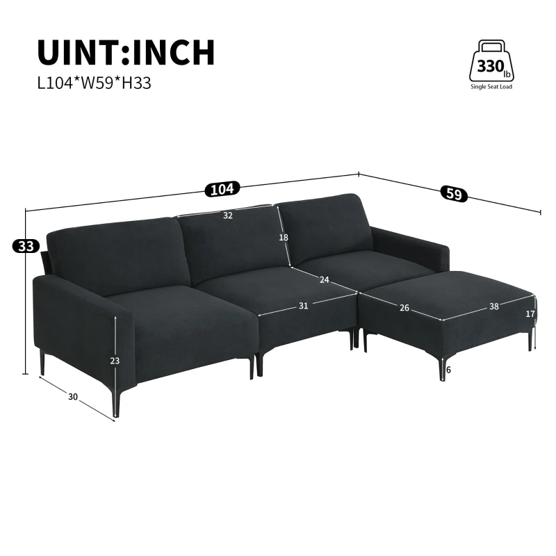 103.5" Modern L-Shaped 4-Seat Velvet Fabric Sectional Sofa Set with Convertible Ottoman, Freely Combinable for Living Room, Dark Grey