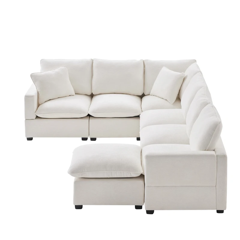 110" x 84" Modern U-Shape 7-Seat Chenille Modular Sofa Set with 2 Pillows, Freely Combinable for Living Room, 110″ L x 84″ W x 37″ H, White