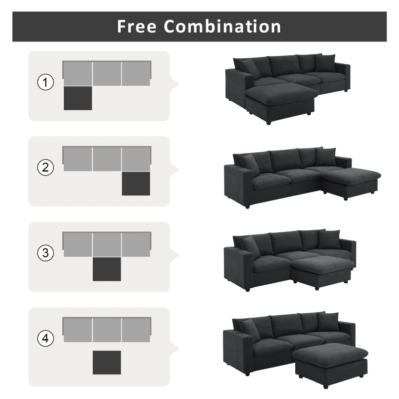 Modern L-Shaped 4-Seat Polyester Fabric Sectional Sofa Set with Convertible Ottoman and 2 Free Pillows, for Living Room, Black
