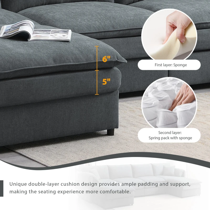 134" Chenille Modular Sectional 6 Seat Sleeper Sofa Bed with Ottomans, Double Cushions, for Living Room, 134″ L x 66″ W x 35″ H, Dark Gray