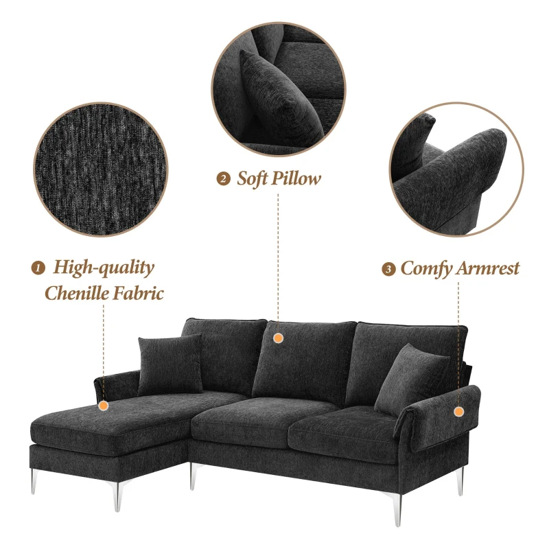 84" Modern Chenille L-Shaped Sofa with Reversible Lounge, 4-Seat, Indoor Furniture with Reversible Chaise and 2 Pillows, Black