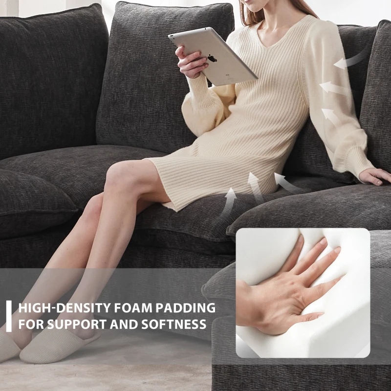 110" Modern U Shape Modular Sofa with 2 Pillows, 6 Seat Chenille Sectional Couch Set, Freely Combinable, 110″ L x 57″ W x 37″ H, Black+Gray