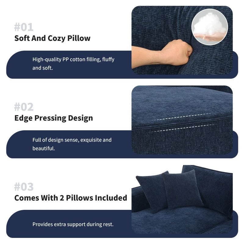 Minimalist Modular Sectional Sofa, Wrinkle-Resistant Chenille, L-Shaped Sleeper, No Assembly Required, 111.5" L x 72" W x 32" H, Dark Blue