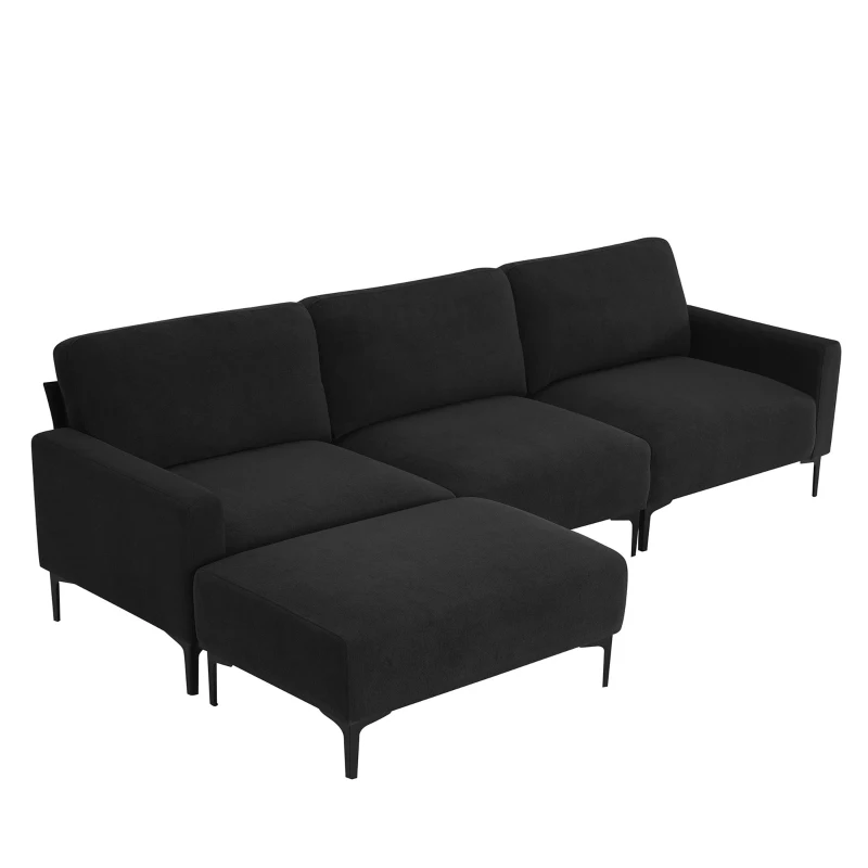 103.5" Modern L-Shaped 4-Seat Velvet Fabric Sectional Sofa Set with Convertible Ottoman, Freely Combinable for Living Room, Black