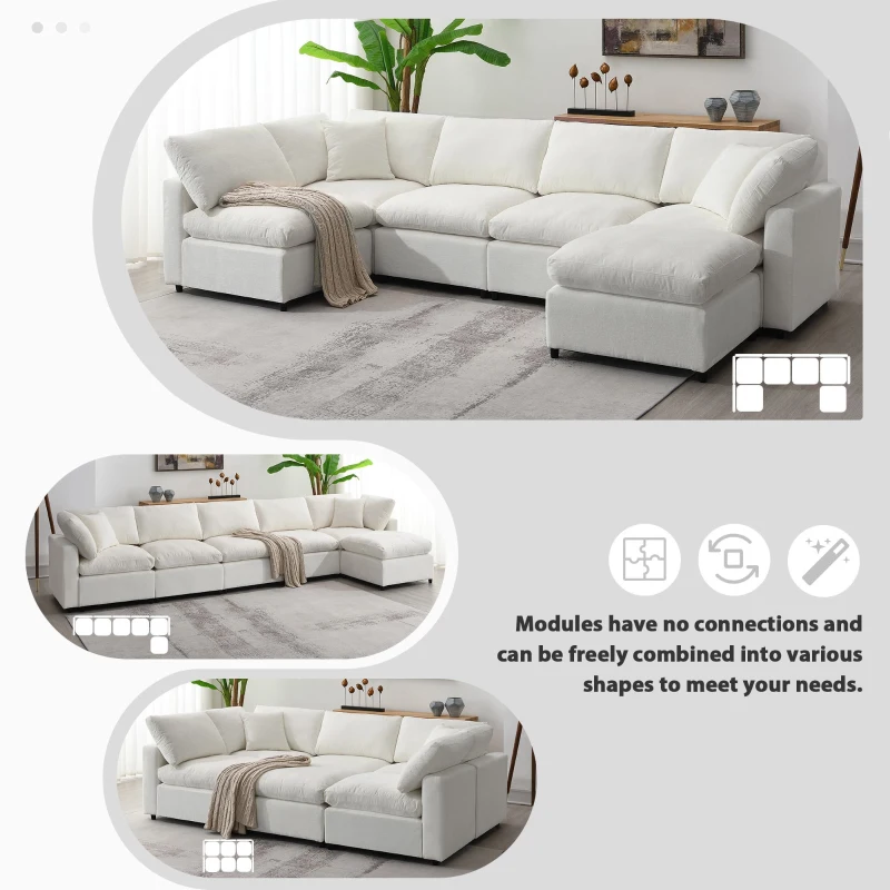 130" x 65" Modern Modular Cloud Sofa Bed with Ottoman, 6-Seat, Convertible U Shaped Sofa for Living Room, Apartment, Beige