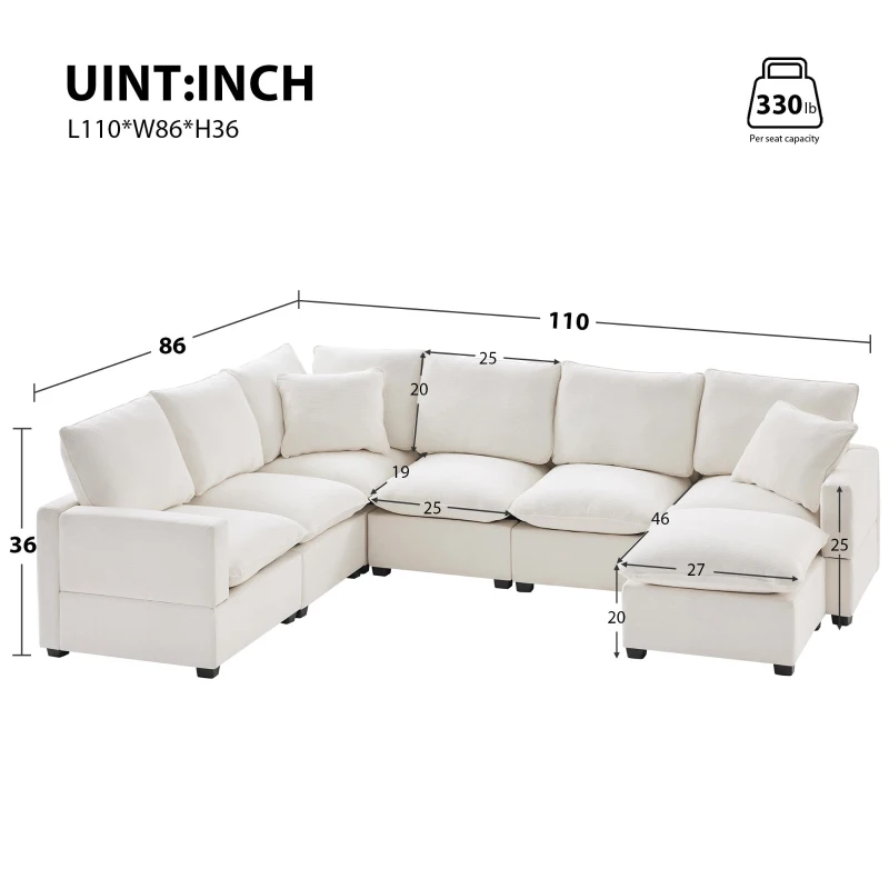 110" x 84" Modern U-Shape 7-Seat Chenille Modular Sofa Set with 2 Pillows, Freely Combinable for Living Room, 110″ L x 84″ W x 37″ H, White