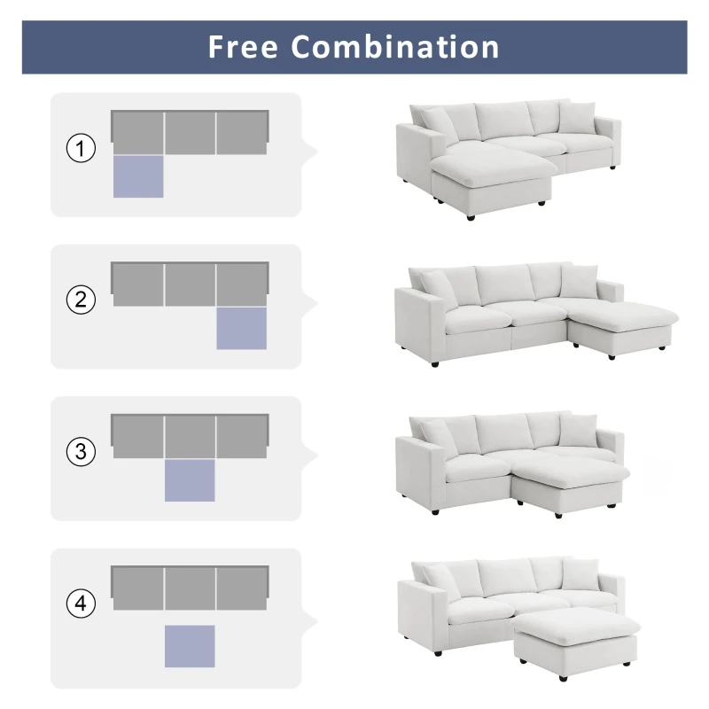 Modern L-Shaped 4-Seat Polyester Fabric Sectional Sofa Set with Convertible Ottoman and 2 Free Pillows, for Living Room, White