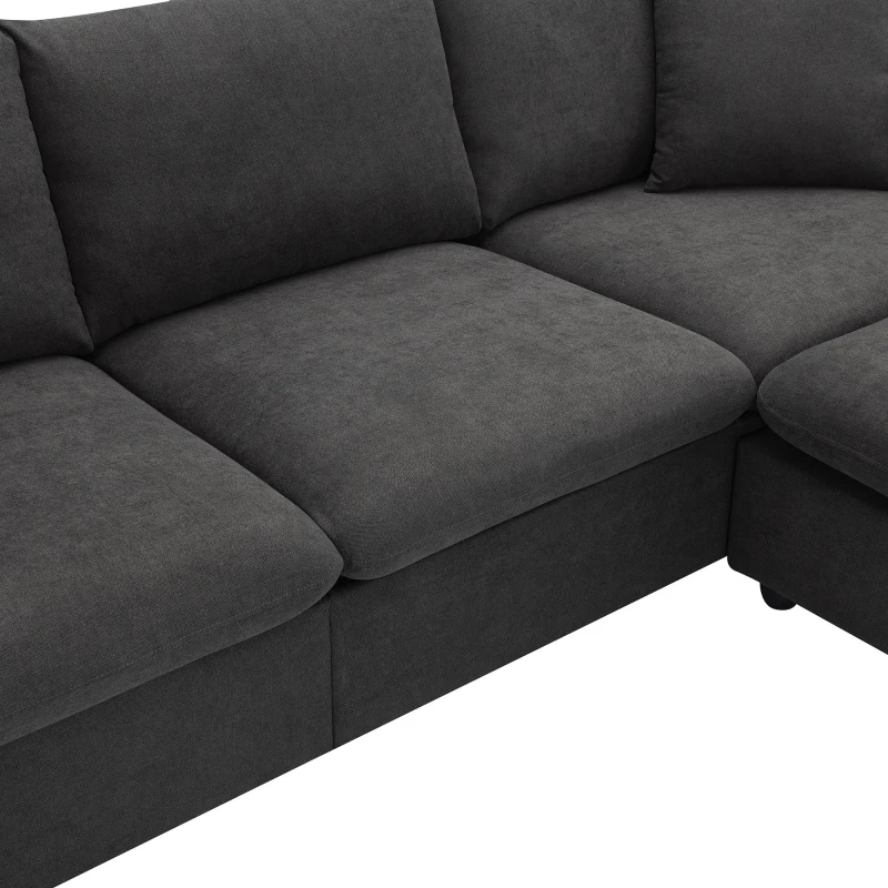 Modern L-Shaped 4-Seat Polyester Fabric Sectional Sofa Set with Convertible Ottoman and 2 Free Pillows, for Living Room, Dawn Gray