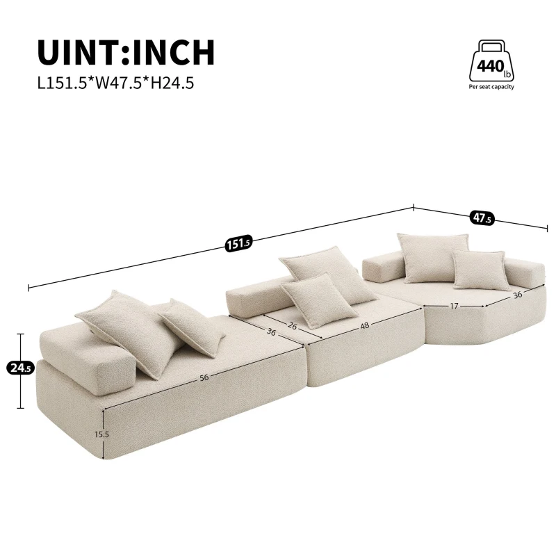 Oversized Modular Sectional Sofa with 3-Piece Free Combination, Convertible Sleeper Couch for Living Room, 151.5" L x 47.5" W x 24.5" H, Beige