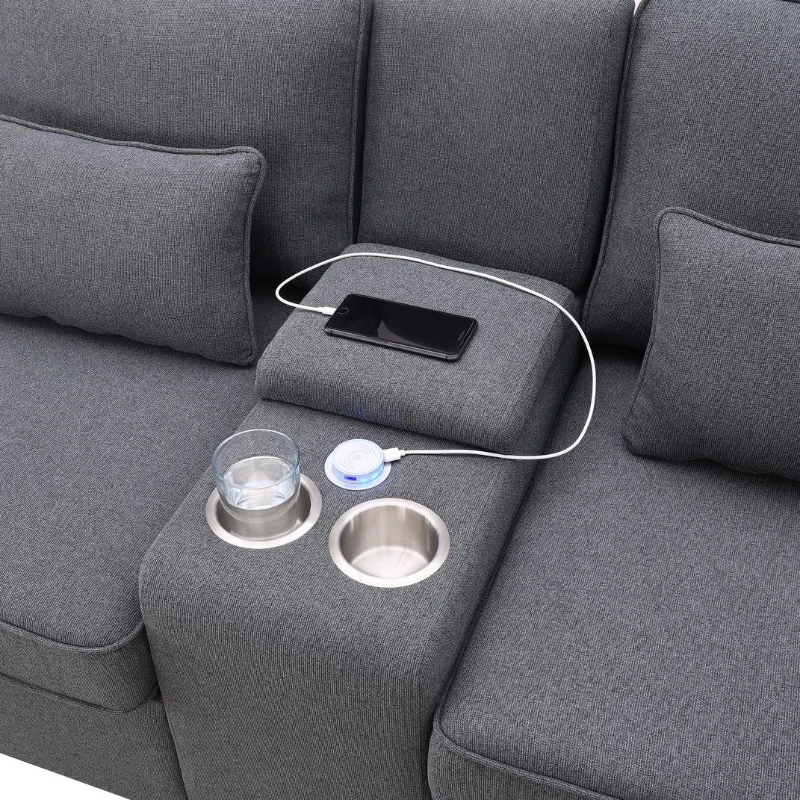 114.5" Modern Linen Fabric Upholstered Sofa with Console, 2 Cupholders, USB Ports, 4 Pillows, 4-Seat, 114.5″ L x 33″ W x 35″ H, Dark Gray
