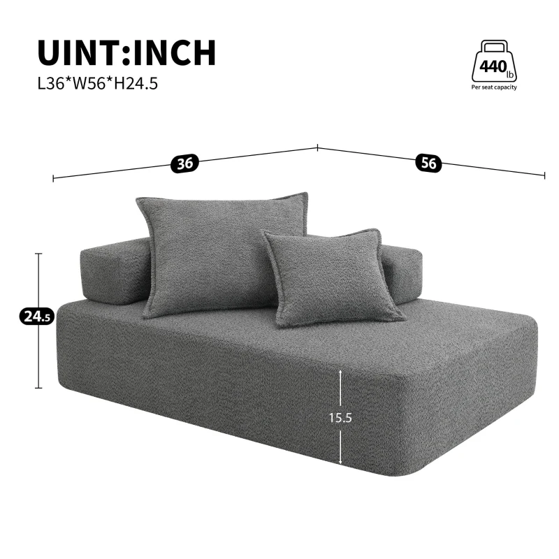 Lounge Frame for Oversized Modular U Shaped Sectional Sofa, Spacious Foam-Filled Sofa Bed for Living Room, 56" L x 36" W x 24.5" H, Gray
