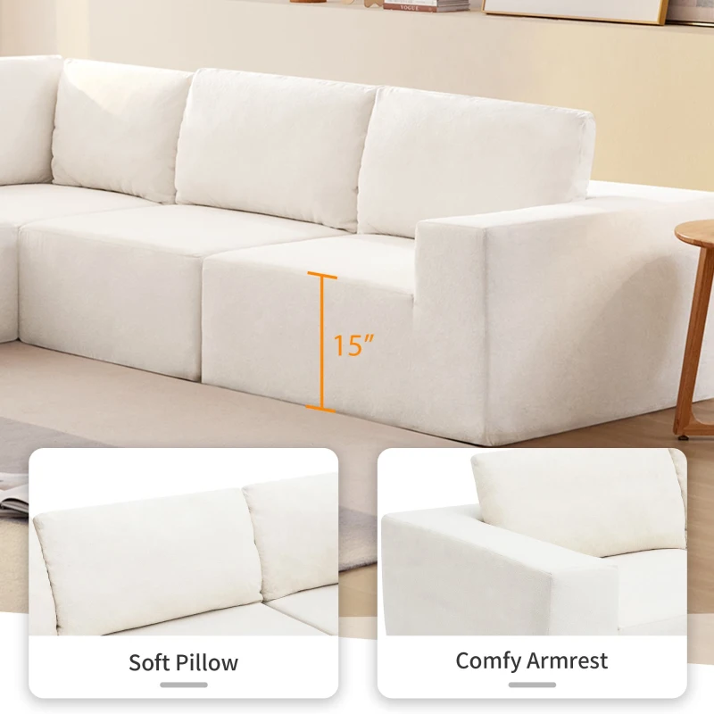116" Modular L-Shaped Sectional Sofa with 5-Piece Free Combination, Luxury Foam-Filled Sleeper Sofa Bed, 116″ L x 116″ W x 30″ H, Beige