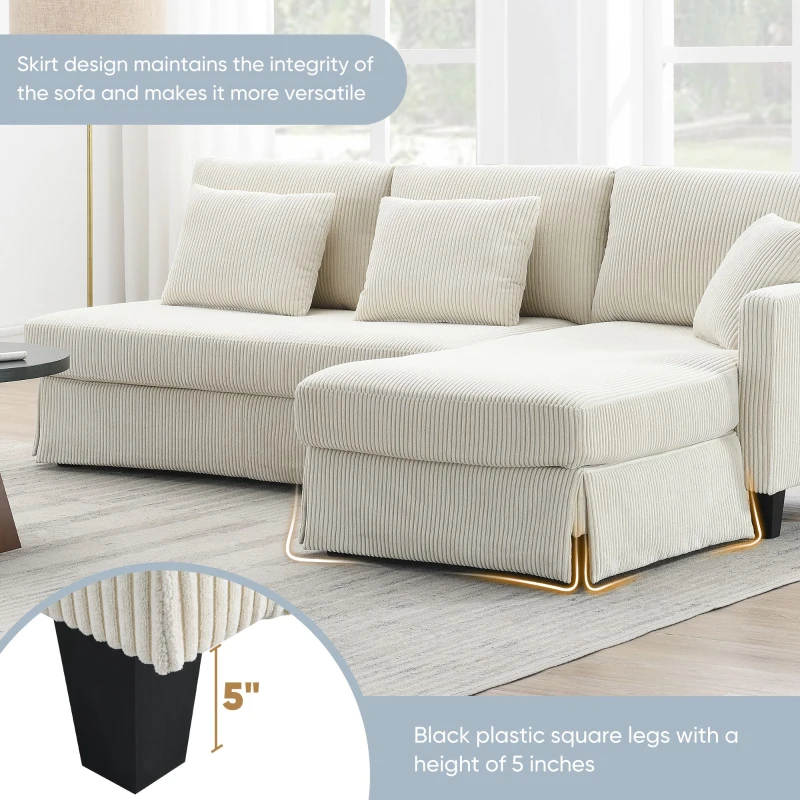 87" x 61" Modern L-Shaped Corduroy Sofa with Reversible Chaise, 4-Seat, Couch with Pillows for Living Room, 87″ L x 61″ W x 33″ H, Beige