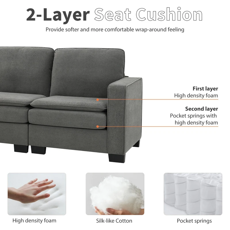 89" L-Shaped Upholstered Indoor Furniture with Double Cushions, 5-Seat Cloud Corner Couch for Living Room, 89″ L x 89″ W x 34″ H, Gray