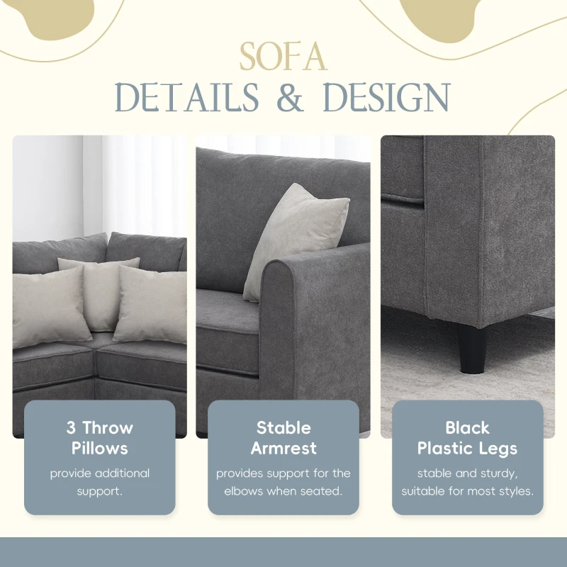 91" x 91" Modern Upholstered Living Room Sectional Sofa, L Shape Couch with 3 Pillows, Easy Assembly, 91″ L x 91″ W x 33.5″ H, Gray