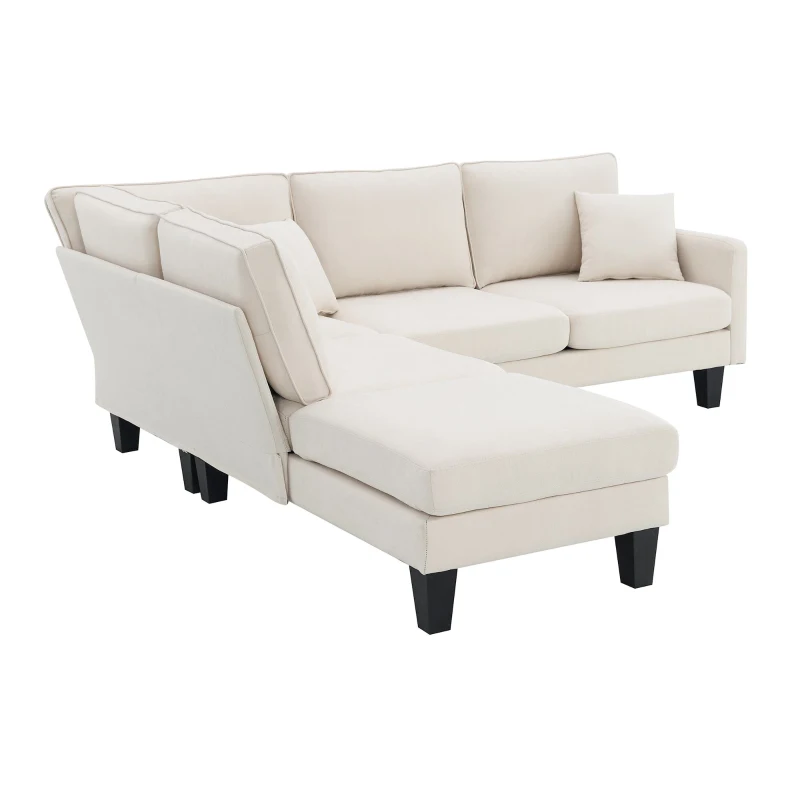 Modern 5-Seat L-Shape Sectional Sofa with Chaise Lounge and 3 Pillows, Terrycloth Upholstery, 90″ L x 88″ W x 35″ H, Beige
