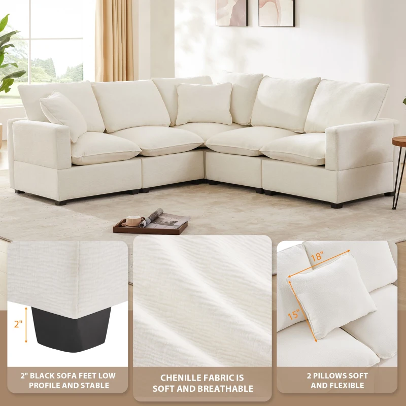 84" x 84" Modern L Shape Modular Sofa with 2 Pillows, 5 Seat Chenille Sectional Couch Set, for Living Room, 84″ L x 84″ W x 37″ H, White