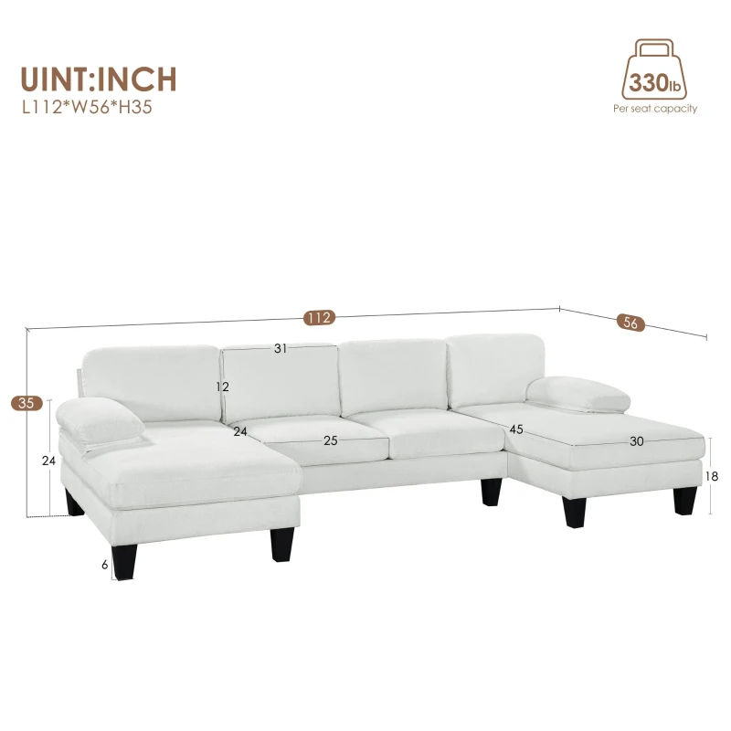 112" Granular Velvet U-Shaped Sofa with Double Chaise, 6-Seat Sofa Bed, Indoor Furniture for Living Room, 112″ L x 56″ W x 35″ H, Beige