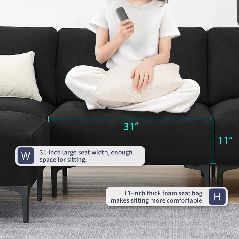 103.5" Modern L-Shaped 4-Seat Velvet Fabric Sectional Sofa Set with Convertible Ottoman, Freely Combinable for Living Room, Black