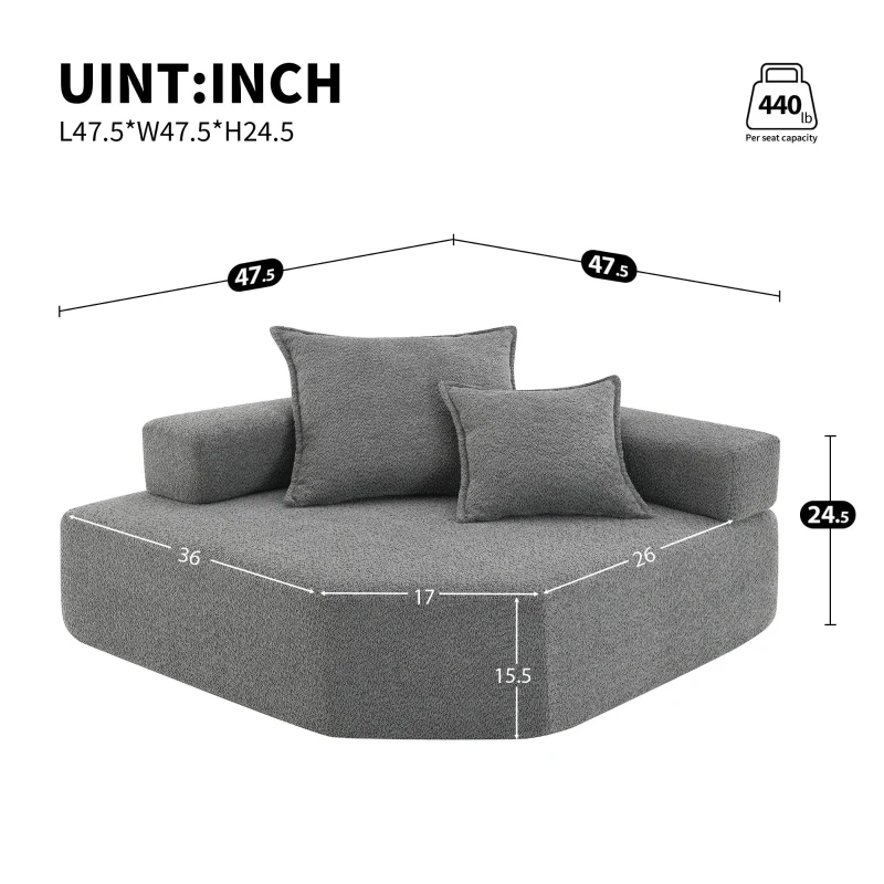 Corner Frame for Oversized Modular U Shaped Sectional Sofa, Spacious Foam-Filled Sofa Bed for Living Room, 47.5" L x 47.5" W x 24.5" H, Gray