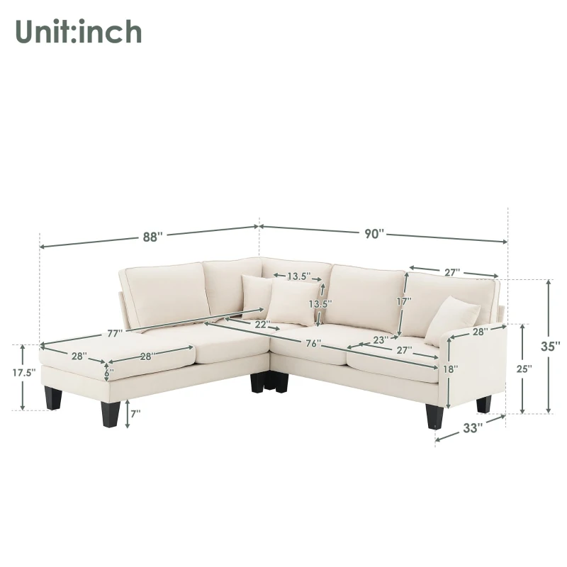 Modern 5-Seat L-Shape Sectional Sofa with Chaise Lounge and 3 Pillows, Terrycloth Upholstery, 90″ L x 88″ W x 35″ H, Beige