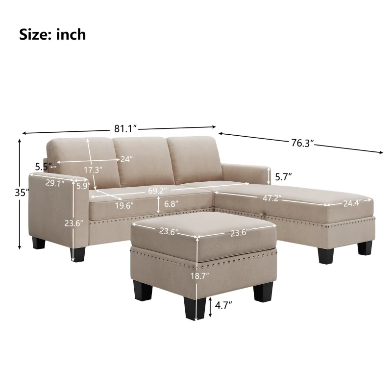 L-Shaped Reversible Sectional Couch with Storage Ottoman and Nailhead Trim, Textured Fabric, 81″ L x 76.5″ W x 35″ H, Warm Grey