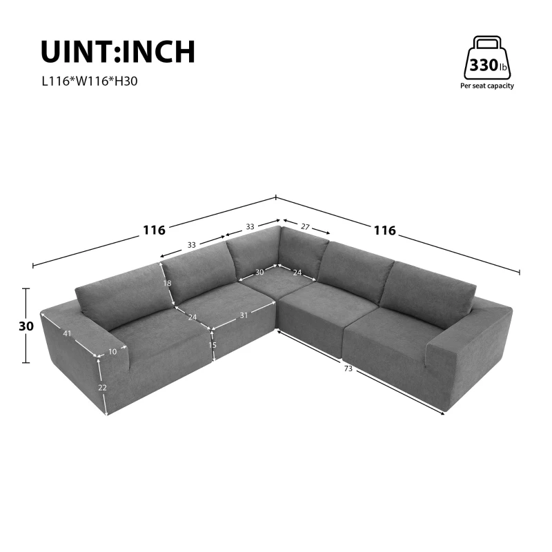 116" Modular L-Shaped Sectional Sofa with 5-Piece Free Combination, Luxury Foam-Filled Sleeper Sofa Bed, 116″ L x 116″ W x 30″ H, Gray