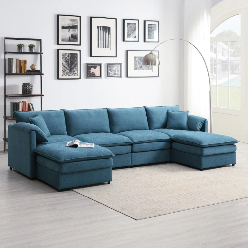 134" Chenille Modular Sectional 6 Seat Sleeper Sofa Bed with Ottomans, Double Cushions, for Living Room, 134″ L x 66″ W x 35″ H, Blue