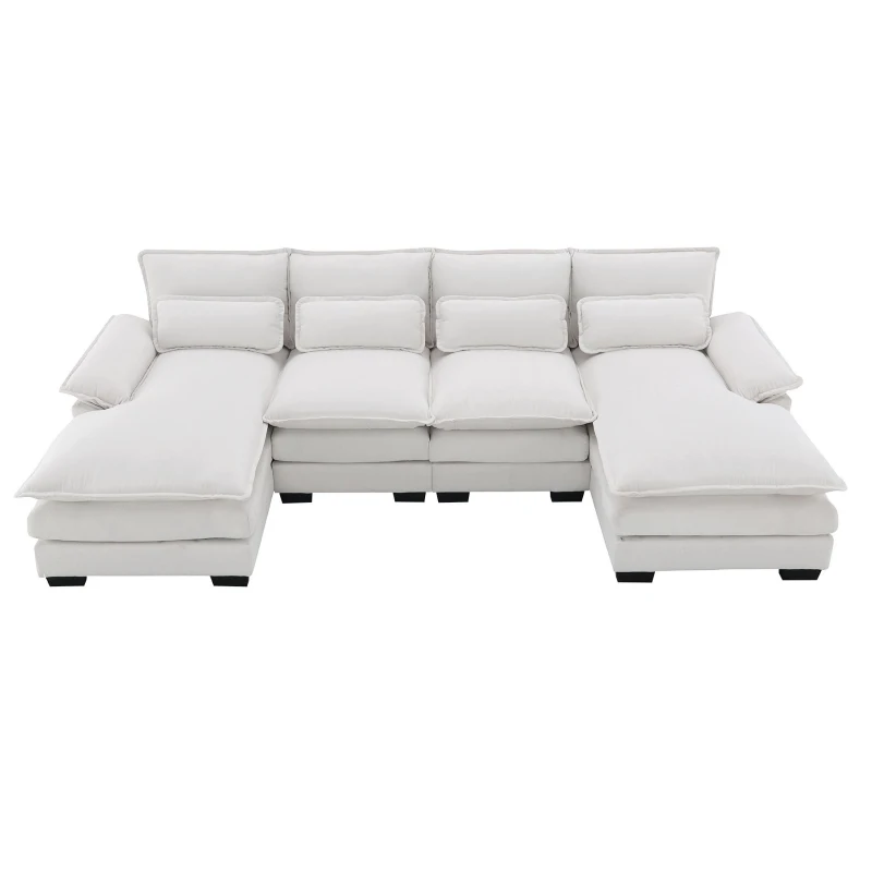 Modern U-Shaped 6-Seat Sectional Sofa with Chaise Lounge, Upholstered Sleeper Couch with Waist Pillows, 110″ L x 55″ W x 33″ H, White