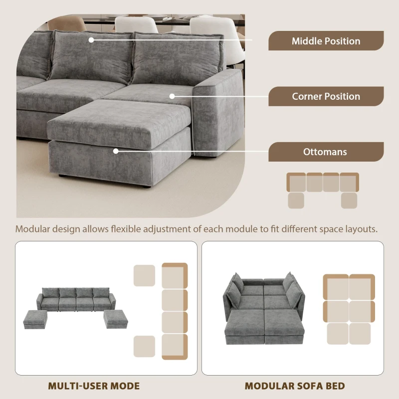 115" Chenille Modular Sectional 6-Seat Sleeper Sofa with Ottoman, U-Shaped Reversible Couch, for Living Room, 115″ L x 58″ W x 32″ H, Gray