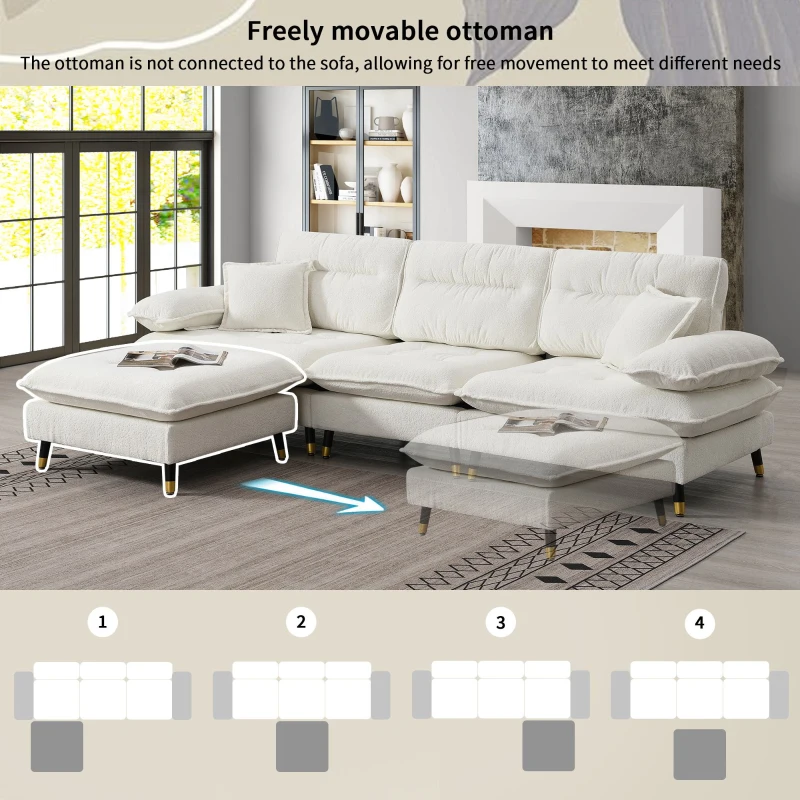 106" L-Shaped Convertible Tufted Sectional Sofa with 4-Seat, Adjustable Legs, Movable Ottoman for Living Room, 106″ L x 66.5″ W x 34″ H, White