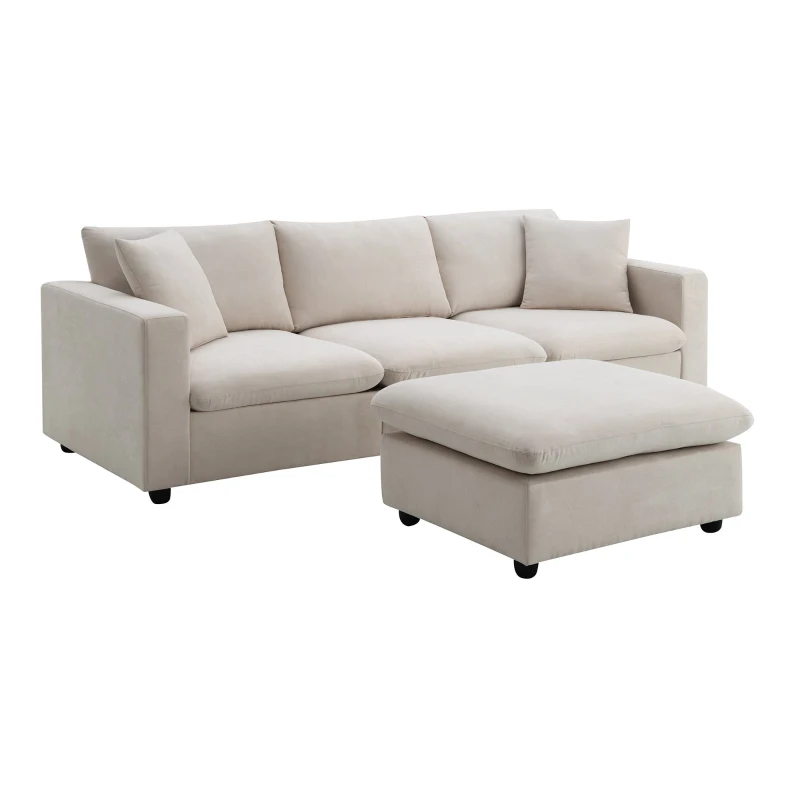 Modern L-Shaped 4-Seat Polyester Fabric Sectional Sofa Set with Convertible Ottoman and 2 Free Pillows, for Living Room, Beige