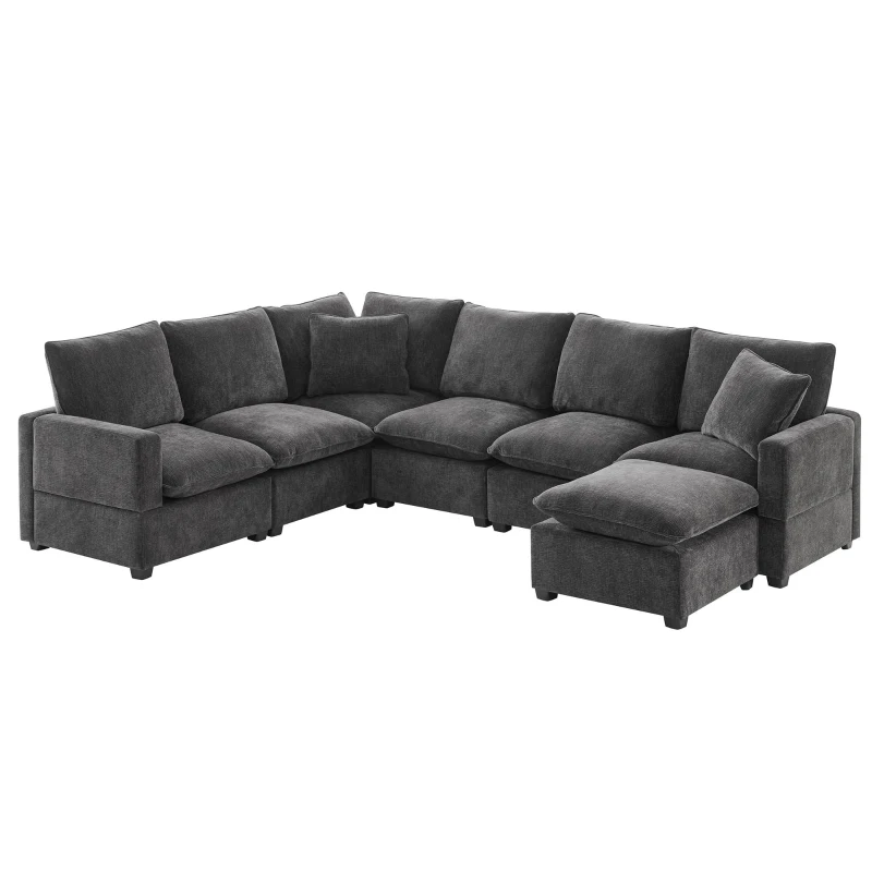 110" x 84" Modern U-Shape 7-Seat Chenille Modular Sofa Set with 2 Pillows, Freely Combinable for Living Room, 110″ L x 84″ W x 37″ H, Black+Gray