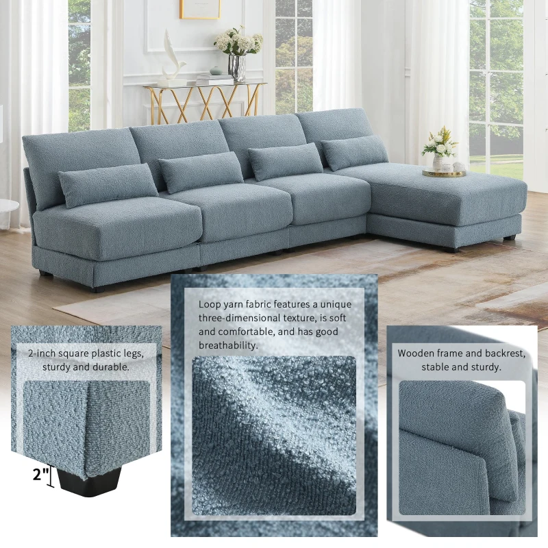 Oversized Deep Seat Sectional Sofa with Reversible Chaise, Loop Yarn Fabric, 5-Seat Couch for Living Room, 120″ L x 61″ W x 33″ H, Blue
