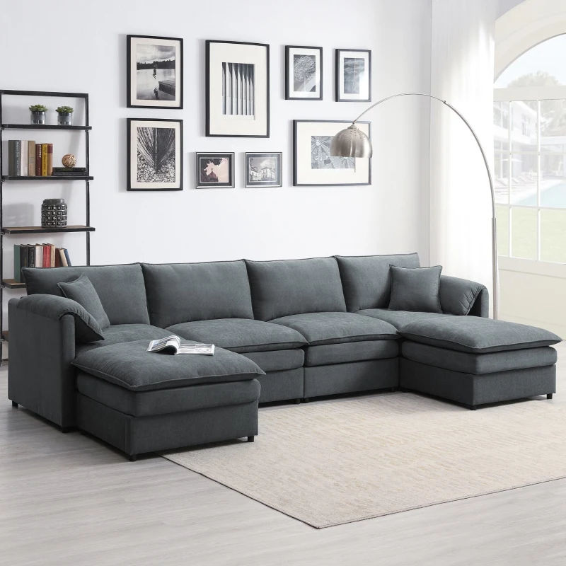 134" Chenille Modular Sectional 6 Seat Sleeper Sofa Bed with Ottomans, Double Cushions, for Living Room, 134″ L x 66″ W x 35″ H, Dark Gray