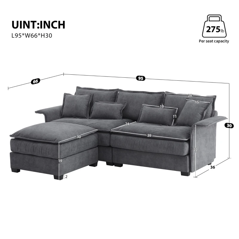 Oversized Luxury Sectional Sofa with Bentwood Armrests, Double Cushions, Ottoman, 4-Seat, L Shape Couch for Living Room, Dark Grey