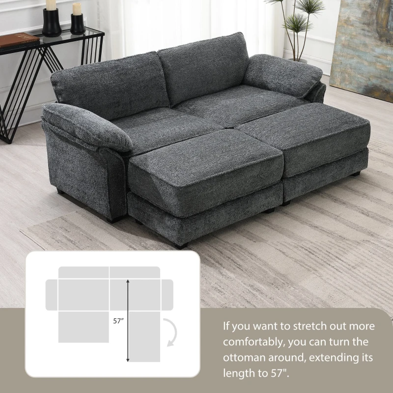 Convertible Sectional Sofa Bed Set with Ottoman, 4-Seat Loveseat for Living Room, Apartment, Office, 81″ L x 55″ W x 32″ H, Gray
