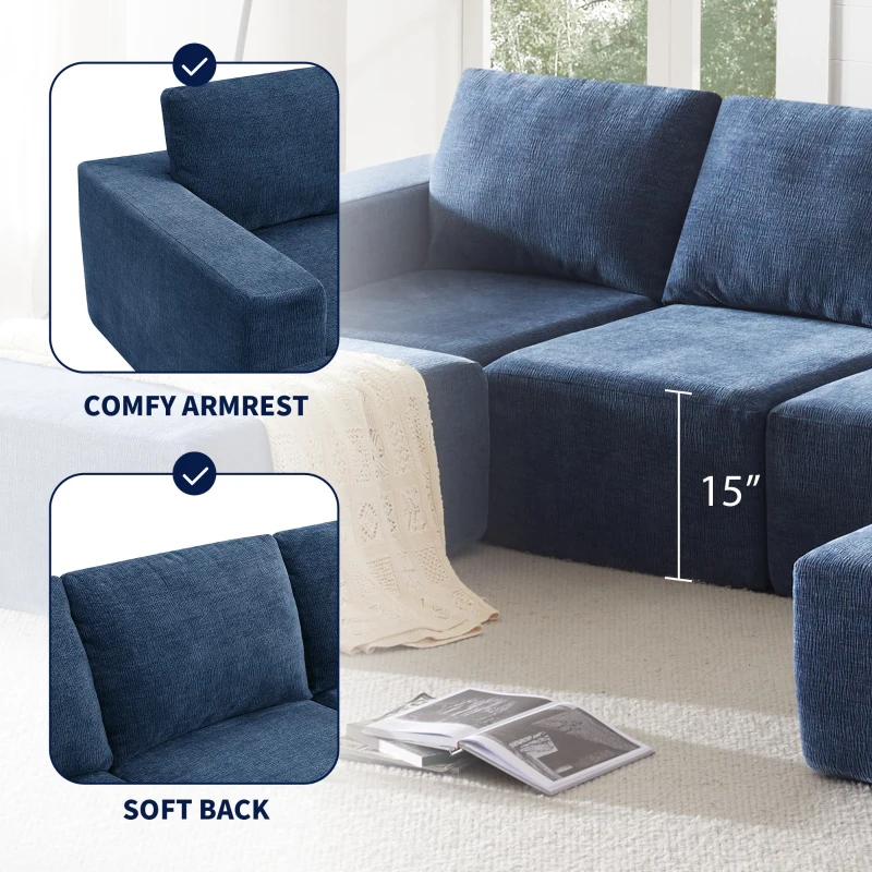 110" x 72" Luxury Chenille Upholstered Floor Couch Set with Foam-Filled, U Shaped Sofa for Living Room, Free Combination, Navy