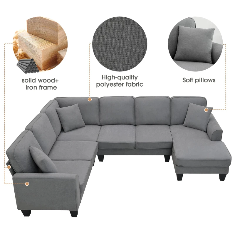 108" Modern U-Shaped 7-Seat Fabric Sectional Sofa Set with 3 Pillows, for Living Room, Apartment, 108″ L x 85.5″ W x 33.5″ H, Dark Grey