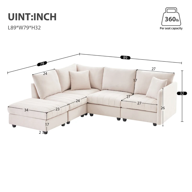 89" x 79" Modern Sectional Sofa with Vertical Stripes and 2 Pillows, 5-Seat Couch with Convertible Ottoman, for Living Room, Beige