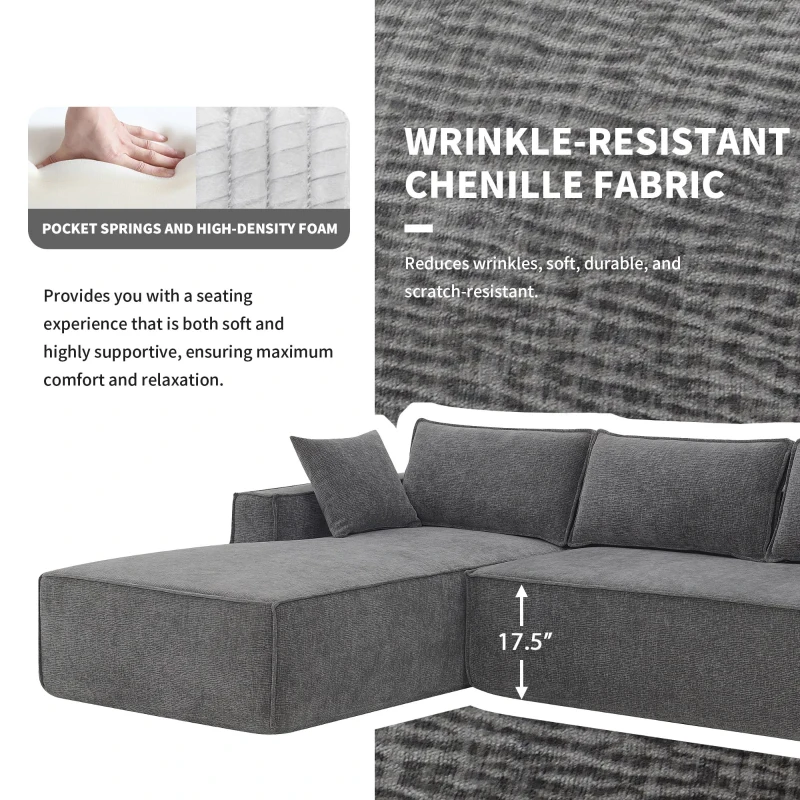 Minimalist Modular Sectional Sofa, Wrinkle-Resistant Chenille, L-Shaped Sleeper, No Assembly Required, 111.5" L x 72" W x 32" H, Gray