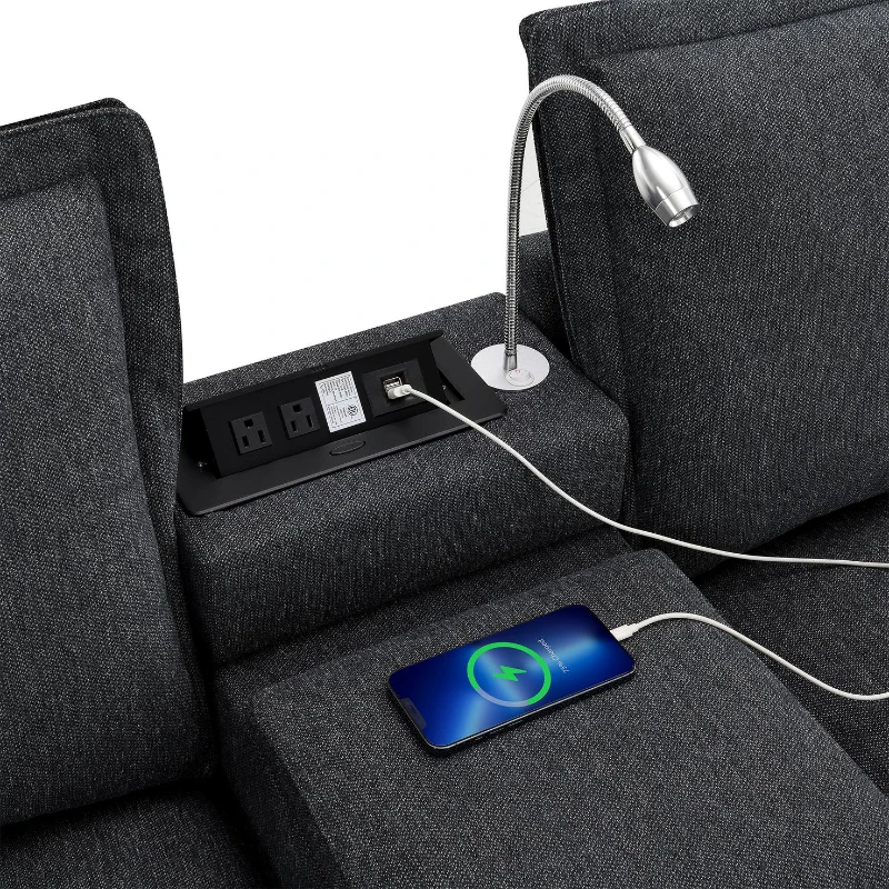 109" x 57" Modern Sectional Cloud Sofa with Console, USB Charging Port, Cup Holder, 4-Seat Chenille Couch for Living Room, Grey